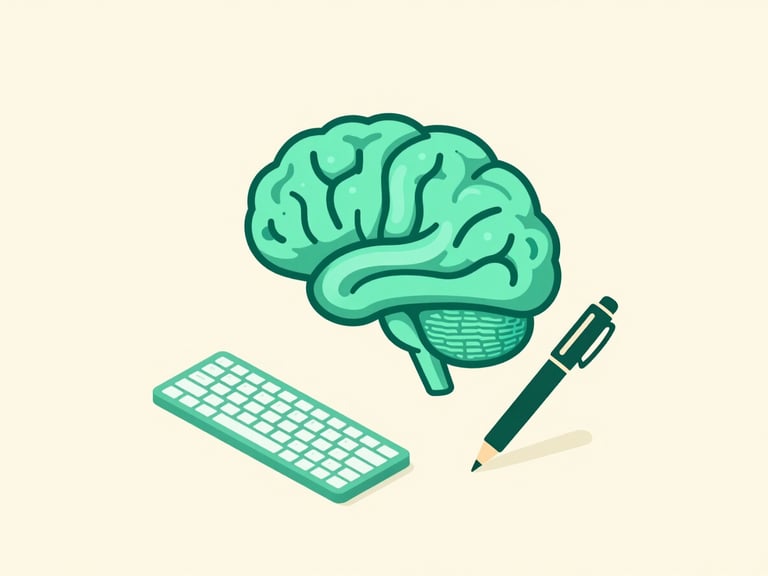 Clean vector illustration of a stylized AI brain interface connected to a keyboard and pen, representing intelligent writing assistance. Emerald and cream tones, minimalist tech startup aesthetic.