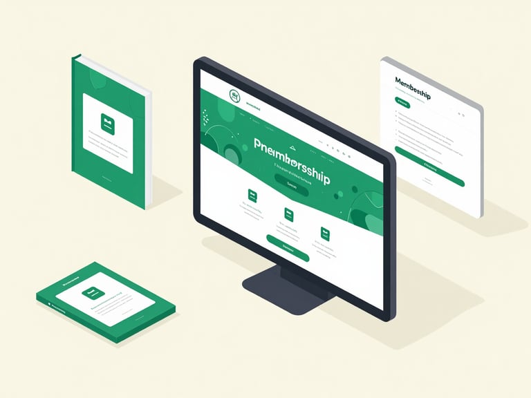 Clean vector illustration of various digital product mockups (ebook cover, course landing page, membership portal) arranged on a screen, ready for customization. Emerald and cream tones, minimalist tech startup aesthetic.