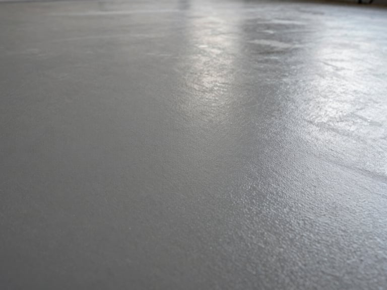 Extreme close-up 45-degree angle shot of a urethane resin floor surface in an industrial warehouse, showing fine texture and matte sheen under diffused overhead studio lighting, surface fills the entire frame, no shadows obscuring texture detail, no people