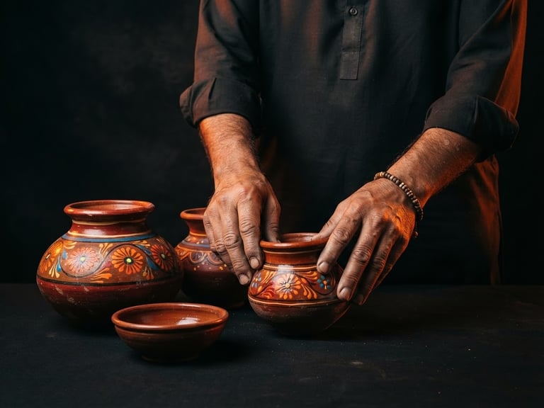 Pakistani artisan's hands carefully arranging traditional pottery on a matte black background, illuminated by vibrant orange studio lighting, sharp focus, premium editorial, 35mm