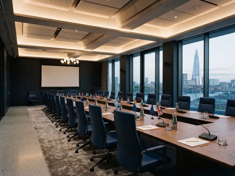 Wide architectural shot of a modern diplomatic boardroom with deep navy chairs and subtle warm lighting, crisp 35mm photography.