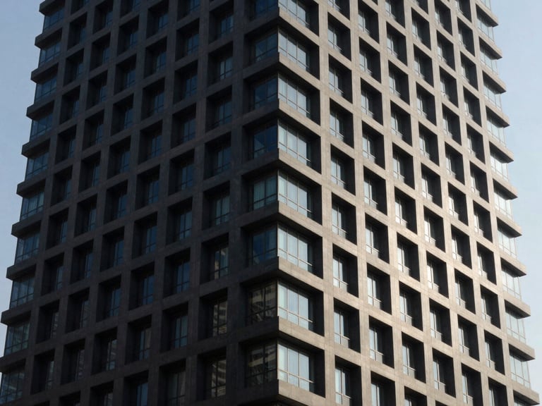 Crisp architectural photography of a modern high-rise exterior in the MENA region, deep charcoal shadows and bright natural light.