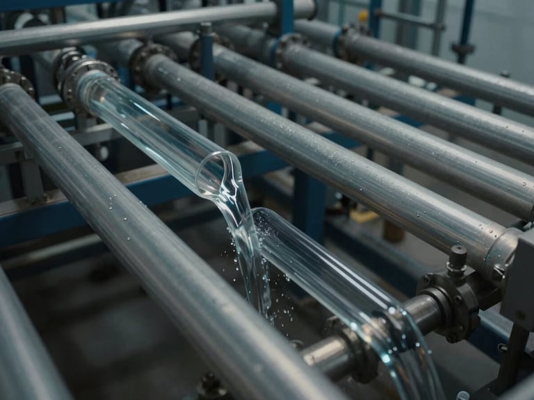 Overhead shot of clear industrial liquids flowing through transparent pipes in a processing facility, slight condensation on pipes, muted background, low light, emphasizing controlled flow.