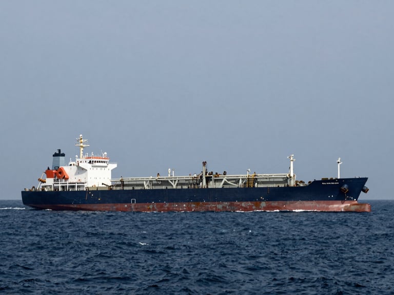 Large bulk chemical tanker ship navigating open ocean under overcast sky, wide-angle lens, deep navy and steel tones, industrial documentary photography.