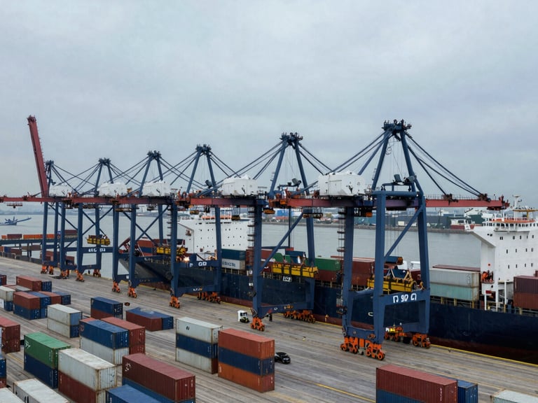 Overhead view of a busy industrial port terminal with multiple cranes loading containers onto a ship, overcast daylight, wide-angle cinematic composition, deep navy and steel tones.
