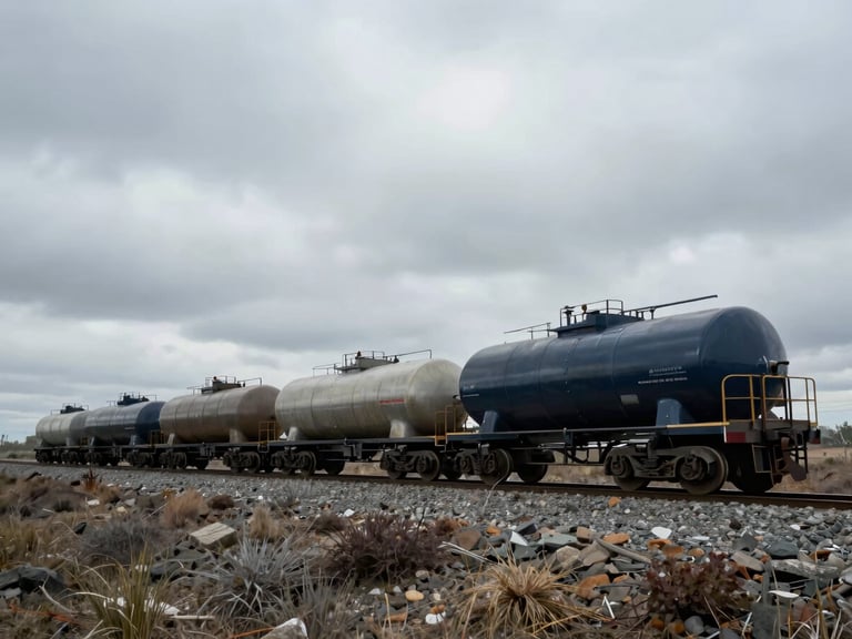 Industrial train carrying chemical tanks, moving through a rugged landscape under overcast sky, wide-angle, deep navy and steel tones, cinematic composition.