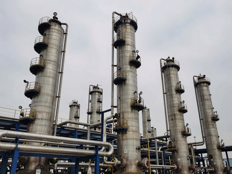 Wide-angle shot of large, interconnected industrial distillation columns against an overcast sky, steel tones, focused on the complex piping of a chemical plant.