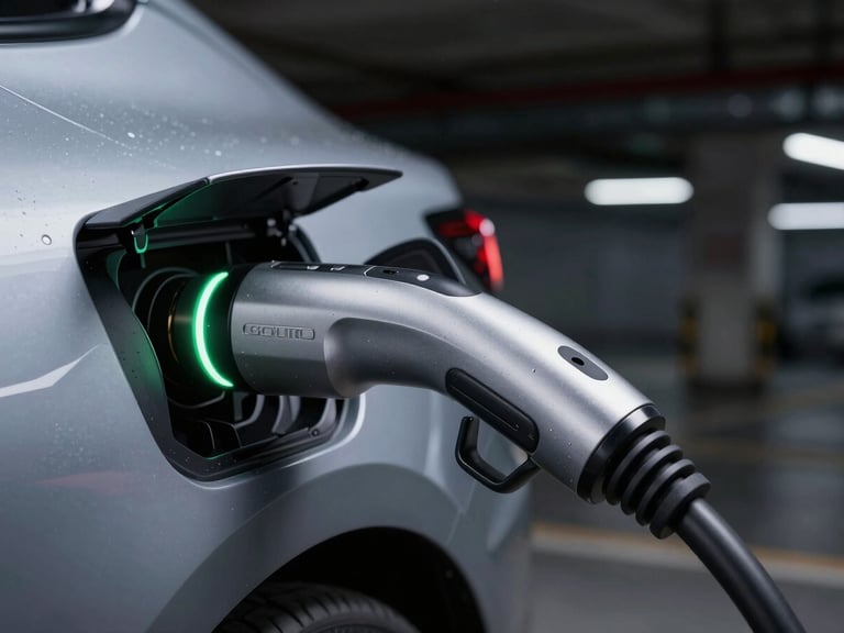 Macro close-up of the sleek physical goltio charging gun plugging into a premium electric vehicle, sharp volt-green LED ring glowing on the connector, dark parking garage setting with dramatic lighting.