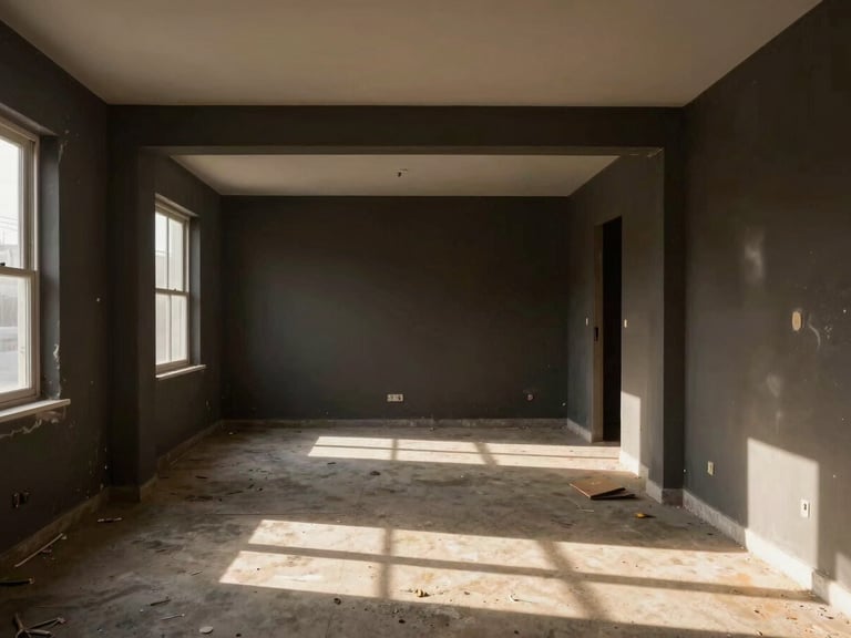 Symmetrical interior shot of a dark, unoptimized residential room before renovation, cluttered space, low light, raw concrete floor.