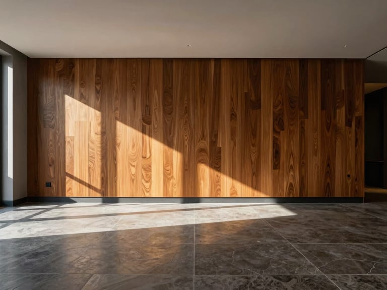 Wide-angle architectural shot of the same room fully transformed, high-contrast natural sunlight, fine lambrin wood paneling on the wall, polished stone flooring, elegant contemporary finishes.