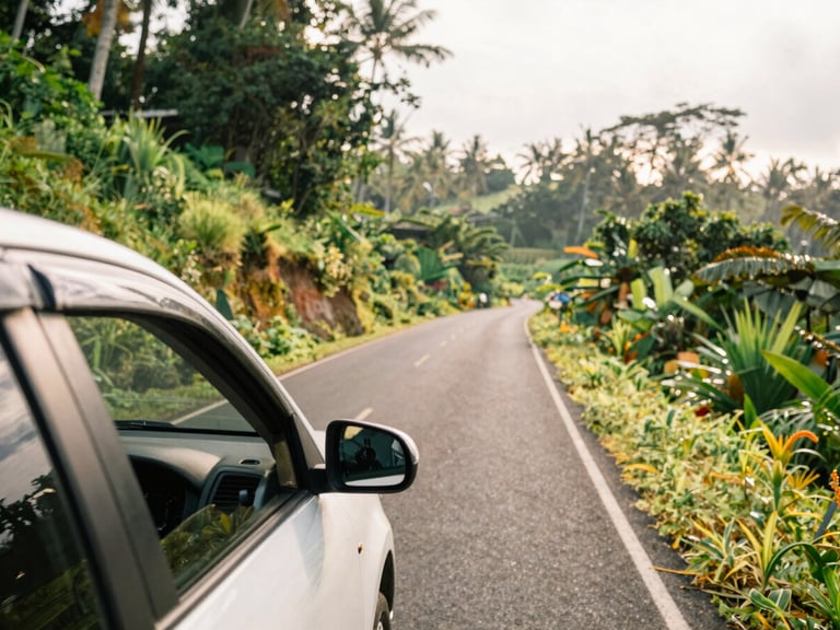 A scenic road winding through lush green Balinese highlands, shot from the passenger window of a clean car, soft tropical daylight.