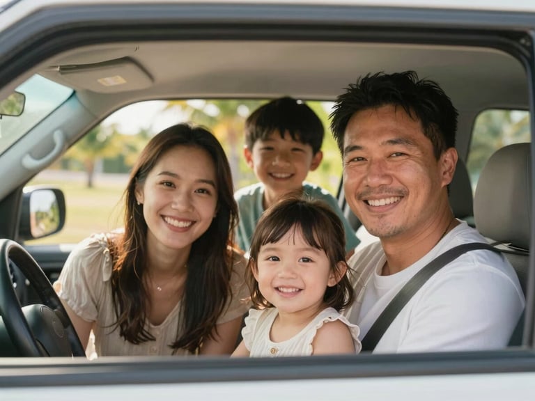 A close-up portrait of a happy family smiling inside a clean, modern air-conditioned SUV, bright tropical daylight.