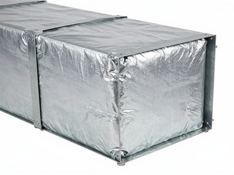 Crisp industrial studio shot of a massive rectangular metal HVAC duct wrapped in high-density insulation, clean metallic surfaces, sharp technical lighting