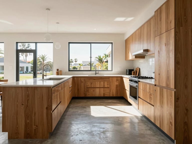 Straight-on architectural shot of a modern, sunlit kitchen in San Diego, warm oak cabinetry, polished concrete floors, natural light pouring in from large windows, 35mm lens