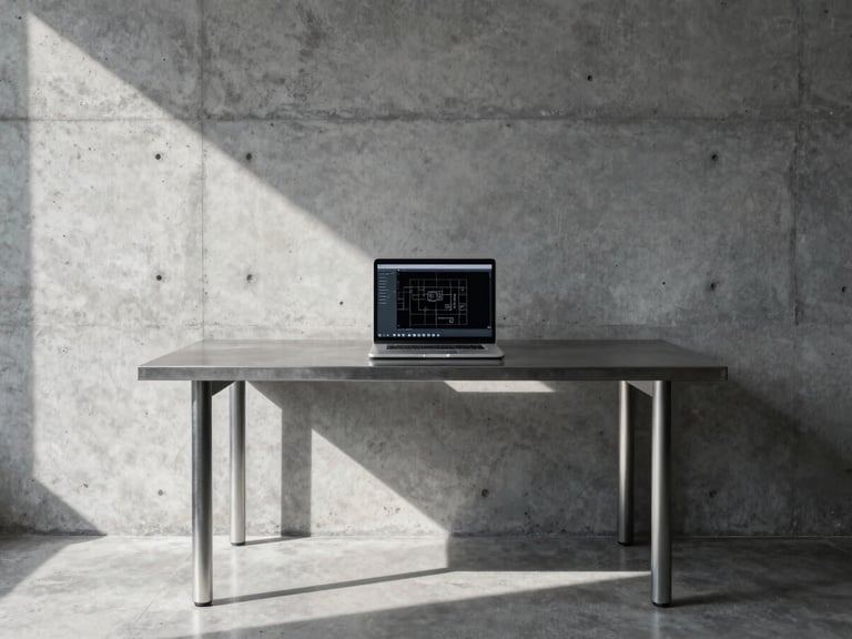 Wide architectural crop of a minimalist concrete workspace, sharp shadows, cool-toned daylight, a single metal desk with a clean laptop screen showing a technical layout.