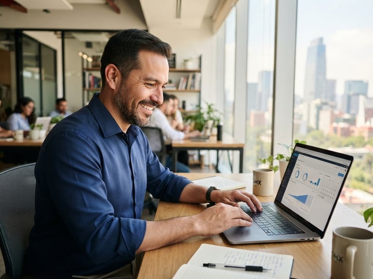 Empresario mexicano sonriendo mientras revisa su laptop con una interfaz web limpia, en una oficina moderna y luminosa, luz natural.