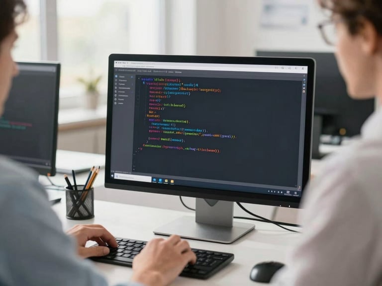 Manos de un técnico revisando código en una pantalla, con un entorno de oficina moderno y luz diurna, enfoque en la pantalla.