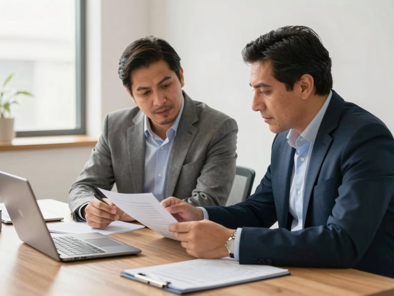 Dos empresarios mexicanos colaborando en una mesa de trabajo, revisando documentos y una tablet, con luz natural y un ambiente profesional.