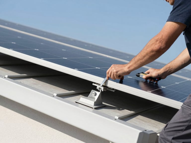 Close-up of professional technician securing a solar panel mount on a roof, tools visible, crisp daylight, architectural framing.