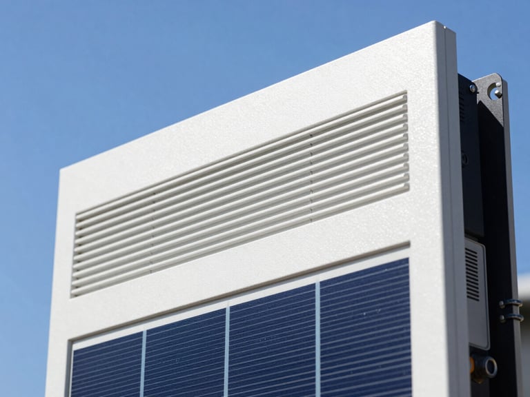 Macro shot of a high-quality solar inverter with clean engineering details, sharp focus, high-contrast daylight.