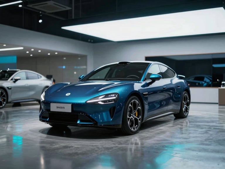 Sleek modern automotive showroom interior with blurred background, cool cyan reflections on polished concrete floor, sharp focus