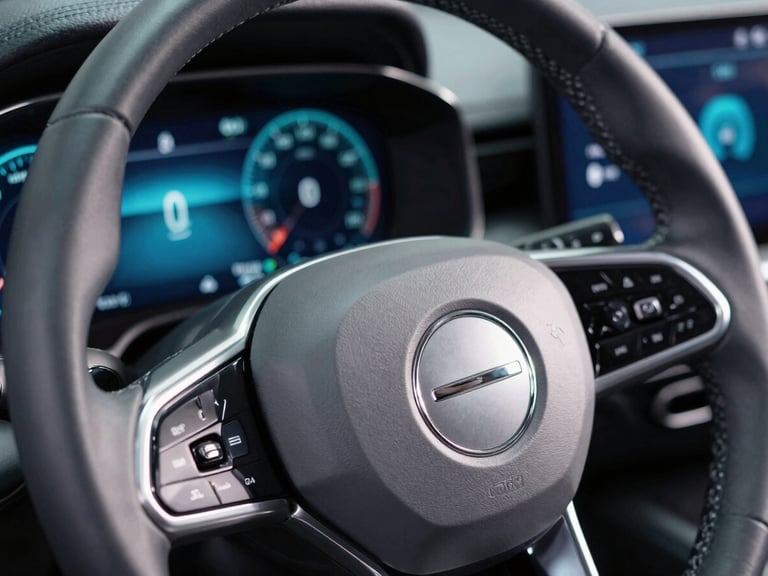 Macro close-up of a high-end vehicle steering wheel and digital dashboard showing performance telemetry, brushed silver texture