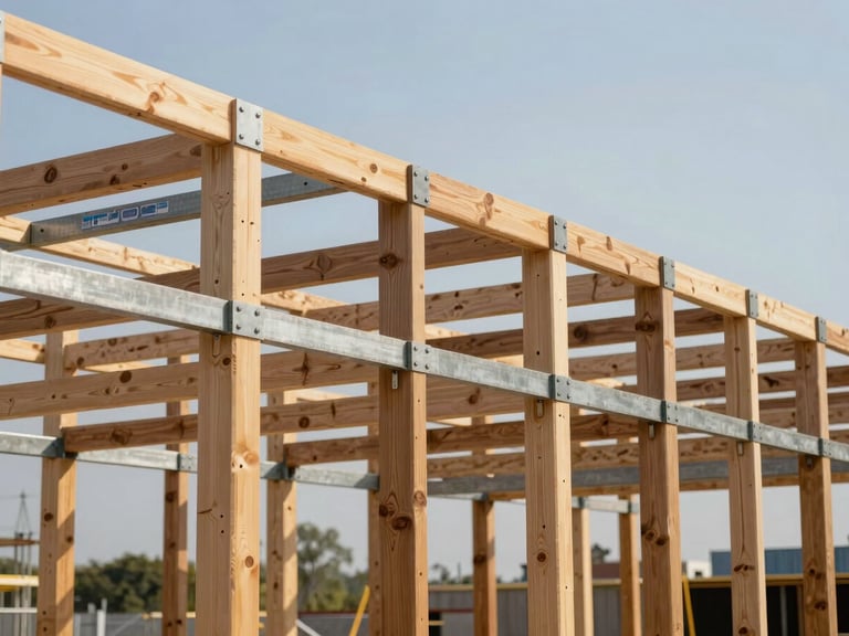 Crisp natural daylight highlighting the precision-milled timber and steel joints of a structural arch frame under construction.