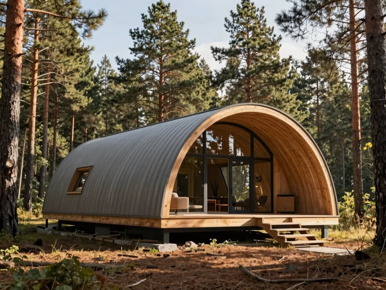 Wide-angle eye-level shot of a completed modern arched timber home nestled in a sun-drenched pine forest, showcasing the clean curved roofline.
