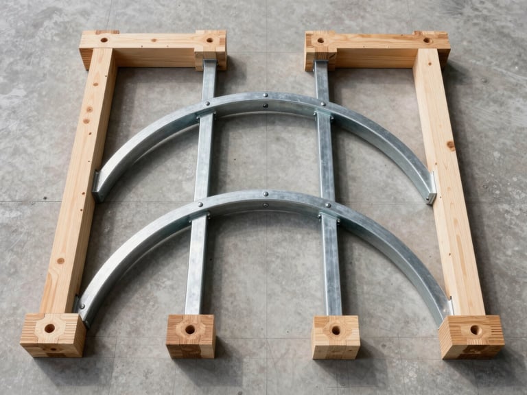 Strict top-down orthographic view of precision-milled timber joints and steel arch components laid out on a clean concrete floor, technical drafting lines overlaid, natural bright daylight.