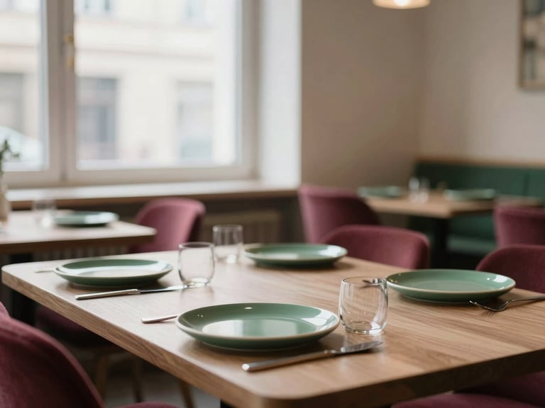cozy scandinavian restaurant interior, soft window light, empty table set with simple ceramic plates, deep crimson and forest green accents, shallow depth of field, 35mm
