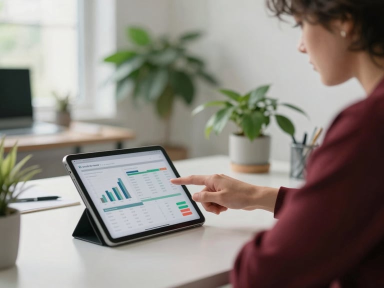 A digital marketing strategist pointing at a tablet screen with analytics, in a bright, clean office space with plants, soft natural light, behind-the-scenes agency work, shallow depth of field, 35mm.