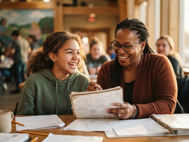 Candid medium-closeup of a warm mentorship session in a Missouri community center, golden-hour natural light, a mentor and youth laughing together over a shared notebook, shallow depth of field