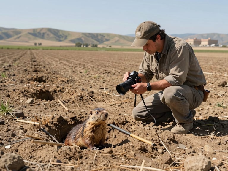 Technician mapping gopher burrow system in agricultural field with specialized equipment, rugged North County terrain, bright California daylight, natural earthy tones, sharp focus, 35mm lens