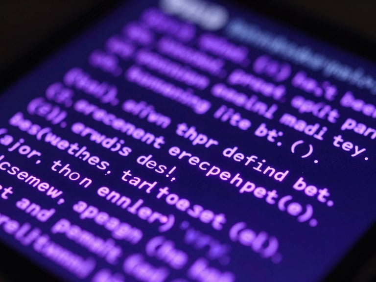 Extreme close-up macro shot of an emissive OLED screen showing glowing violet code lines and fluid UI graphs, deep depth of field, high-contrast neon backlighting