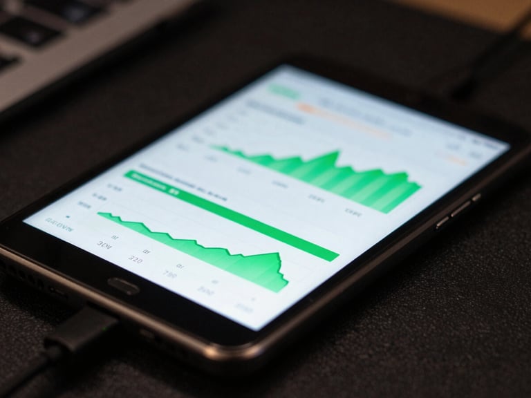 Close-up of a developer workspace with a physical Android device displaying real-time data synchronization charts, low-key ambient lighting, sharp screen glow