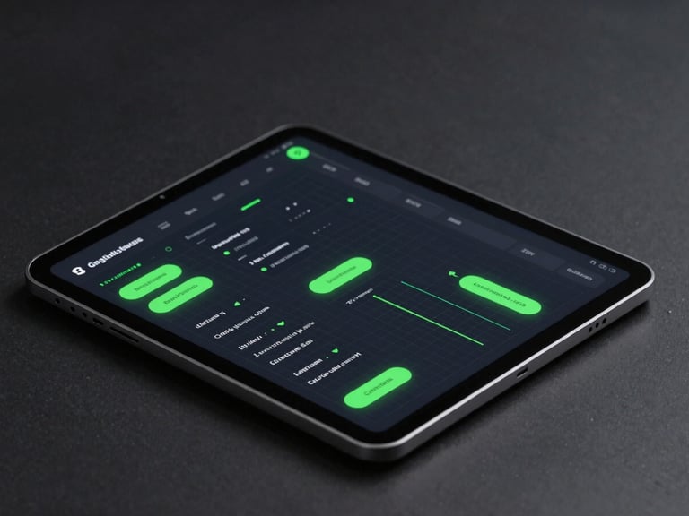 Isometric view of a dark-mode logistics application UI on an Android tablet, sharp neon green accents, technical grid overlay