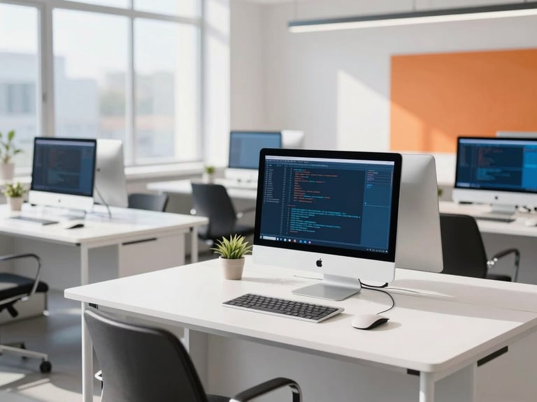 Bright, sunlit architectural workspace with crisp natural daylight, clean white desks, modern computer screens displaying code, and subtle blue highlights, 35mm.