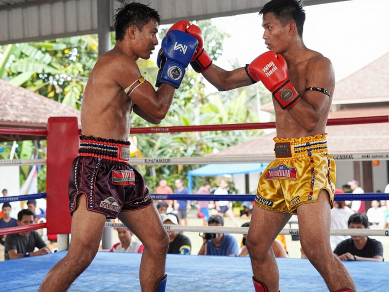 Energetic Muay Thai training session with international students and professional trainers in a premium gym.