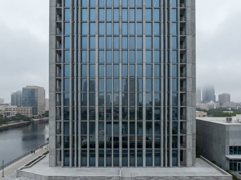 Wide-angle architectural perspective of a modern building facade with strong vertical lines, reflecting a quiet Tampa cityscape under overcast morning light. Muted desaturated blue and concrete tones, sharp focus, minimalist composition.