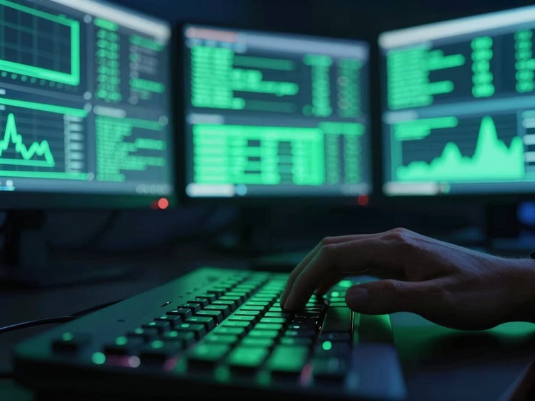 Macro shot of keyboard hands and glowing monitors with green charts, high-contrast cyber-tech style, 35mm