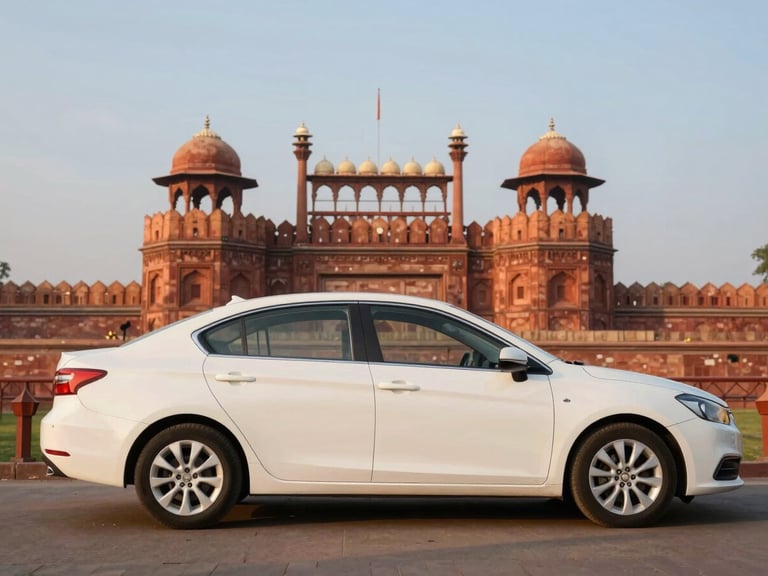 A pristine white sedan parked in front of the Red Fort in Old Delhi, soft morning light, clear sky, warm editorial photography.