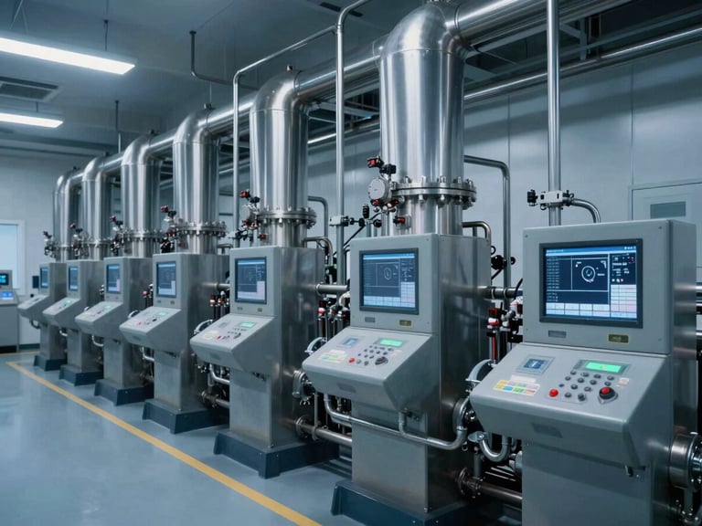 Modern chemical processing facility interior, stainless steel pipes and digital monitoring panels, cool clinical lighting, 35mm