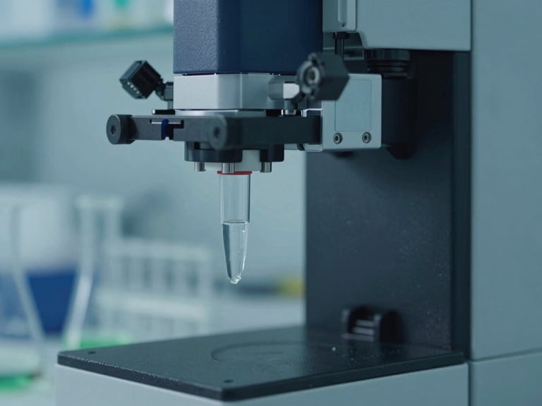 Extreme close-up of a high-precision liquid chromatography system in a modern chemical laboratory, cool blue and clinical green lighting, sharp focus on glass vials, 35mm