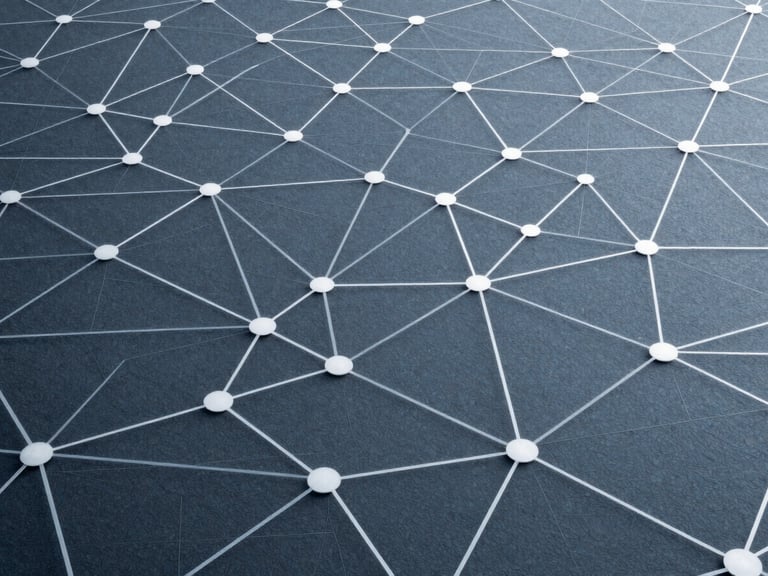Abstract data visualization of interconnected nodes and growth patterns, cool blue and slate tones, sharp vector lines, no text.