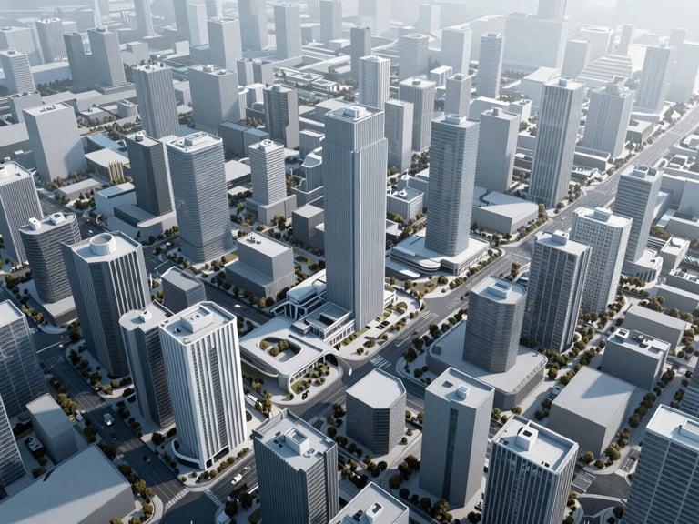 Aerial orthographic view of a futuristic, high-density urban planning model with integrated infrastructure, cool diffused daylight, desaturated blue and slate tones, sharp focus, no text.
