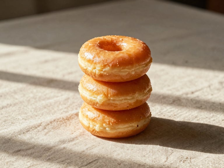 A minimalist composition showing three glazed donuts stacked neatly on a beige linen surface, warm afternoon shadows casting long lines.