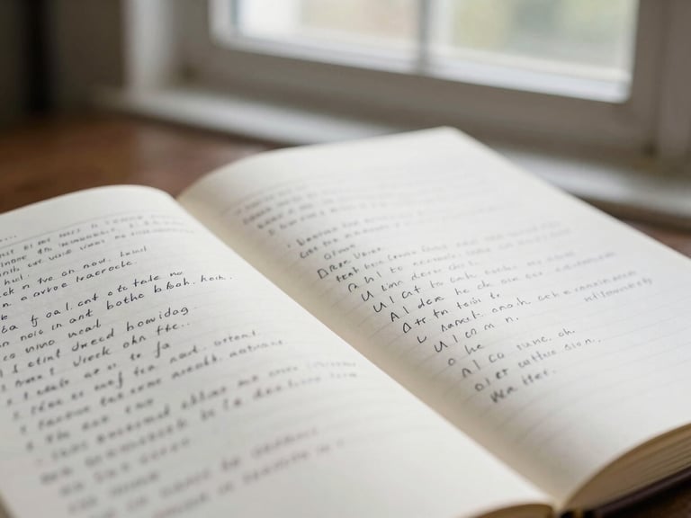 Close-up of a research notebook with handwritten methodology notes next to an open historical volume, soft natural window light, shallow depth of field, 35mm