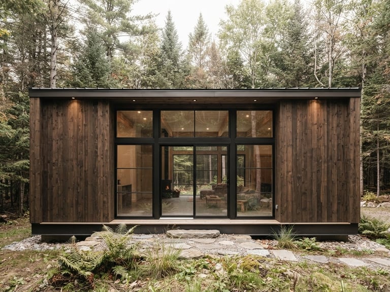 Straight-on architectural shot of a minimalist timber and glass cabin facade, bright natural daylight, muted forest green surroundings, high detail.