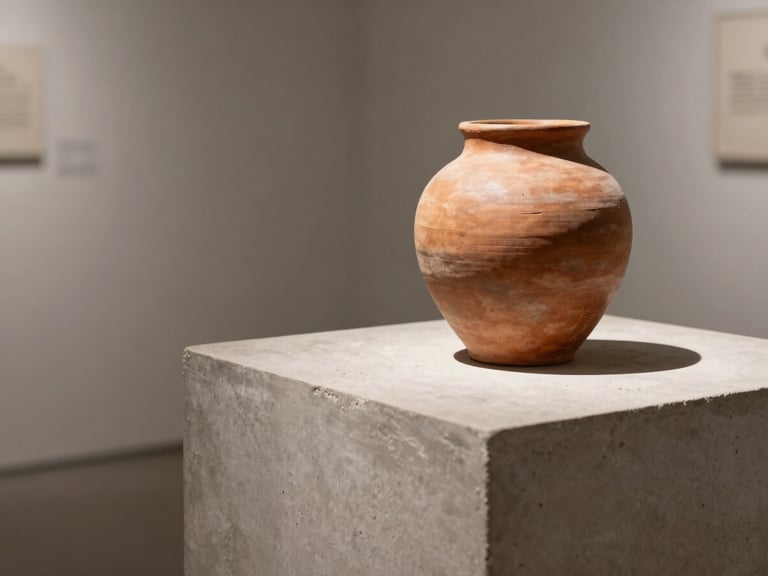Minimalist gallery installation, close-up of a raw terracotta vessel on a concrete plinth, soft side lighting, sharp shadows.