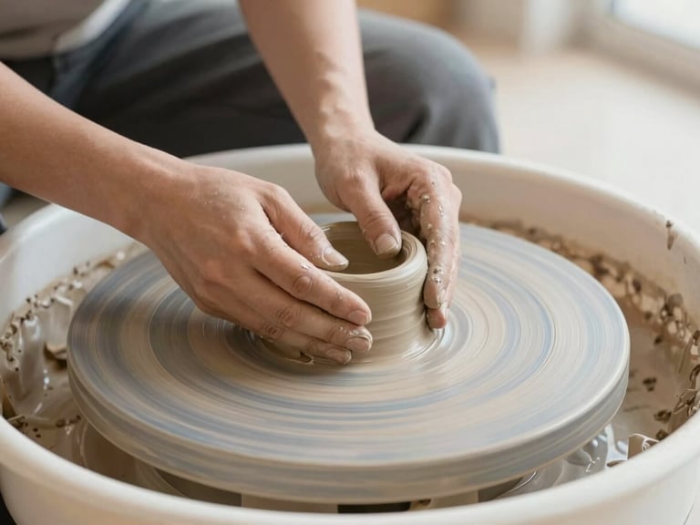 Close-up of hands shaping raw terracotta clay on a potter wheel, soft natural light highlighting the wet texture, minimalist architectural composition